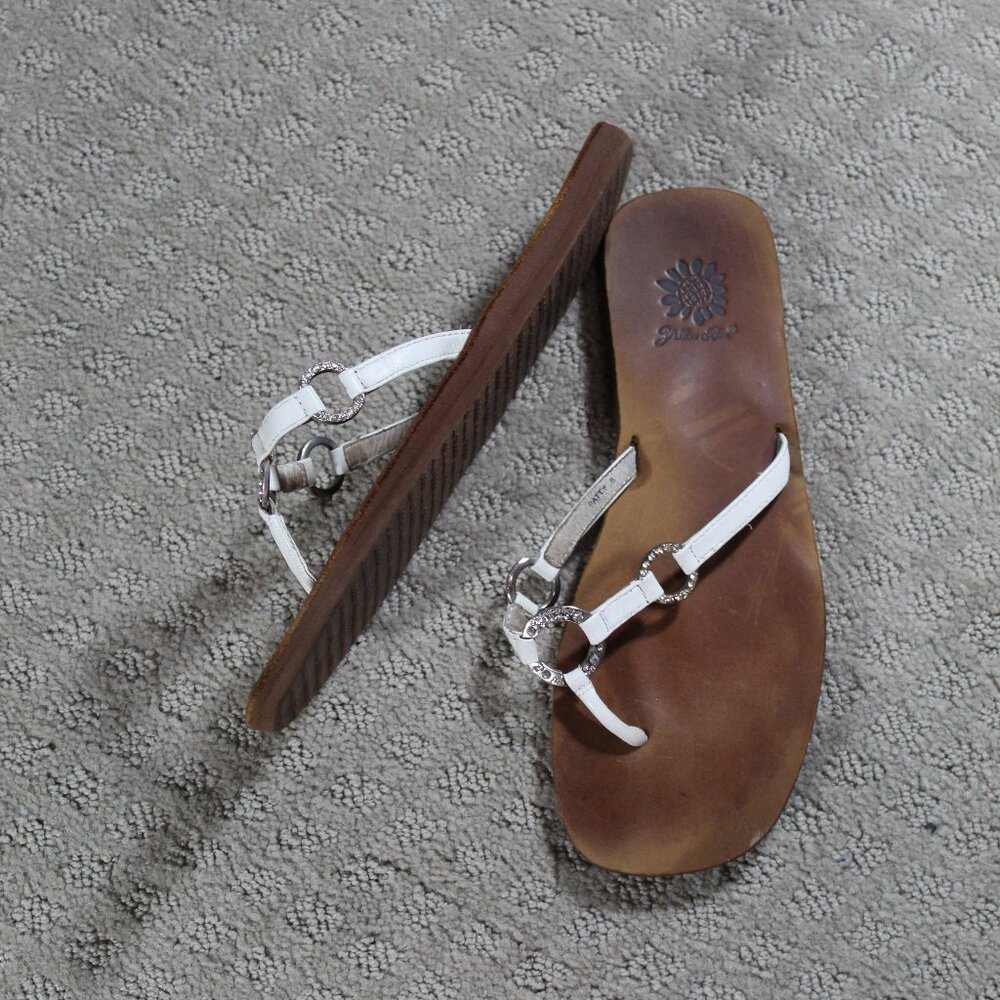 Yellow Box White and Brown T-Strap Sandals with Silver Accents